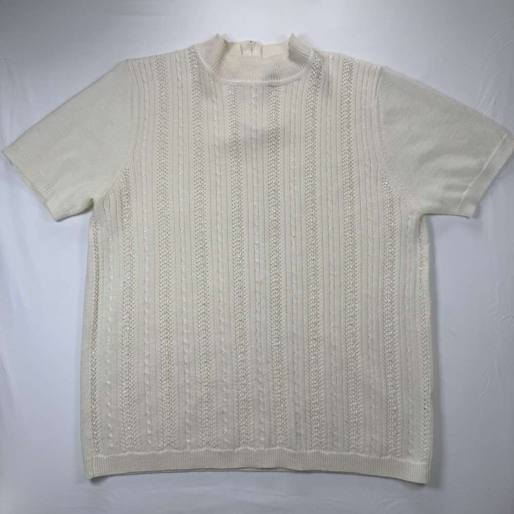 Vintage Alfred Dunner Medium Beaded Sweater Cream Short Sleeve Mock Neck Wool